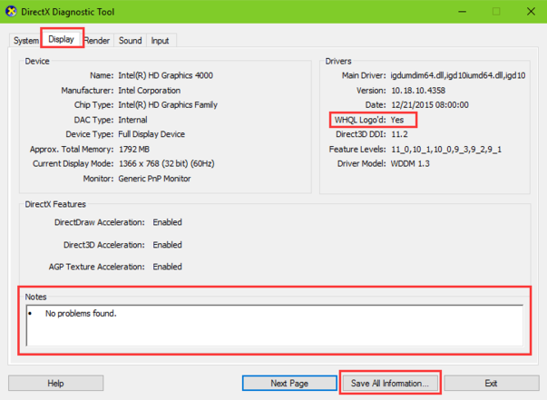 identify unsigned drivers in directx diagnostic utility