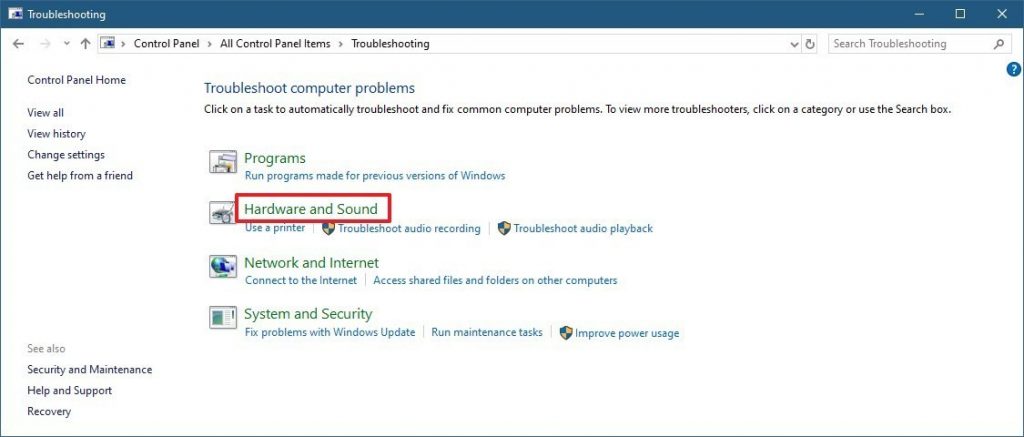 hardware and sound troubleshooter windows 10