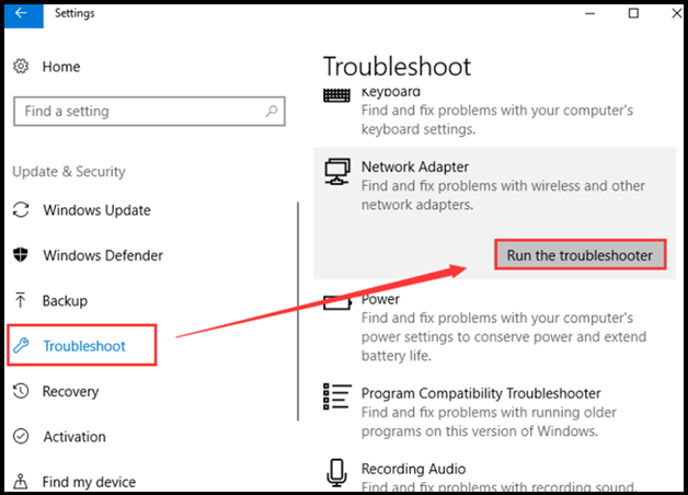 troubleshoot network adapter windows 10